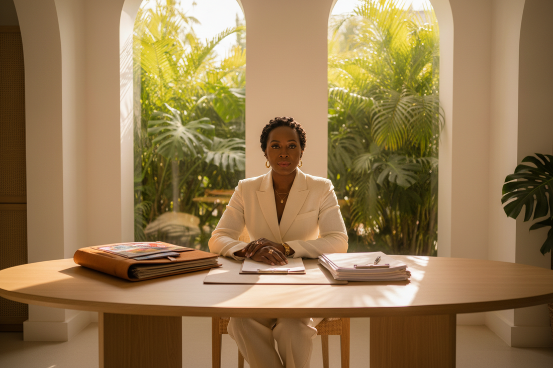 Dawn seated at a sunlit consultation table at The Law Spa — portfolio open, legal documents beside her, ready to build the structure her talent deserves.