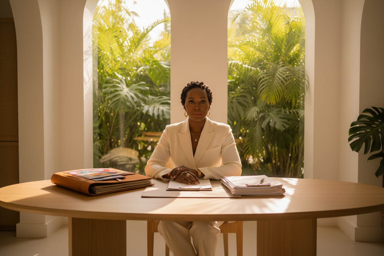 Dawn seated at a sunlit consultation table at The Law Spa — portfolio open, legal documents beside her, ready to build the structure her talent deserves.
