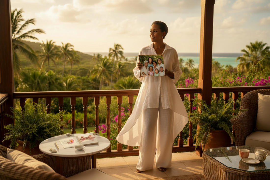 Dawn, a Jamaican woman in her early 40s, stands on a sunlit veranda holding a four-generation family portrait, with a love letter and gold pen on a marble table beside her — The Law Spa