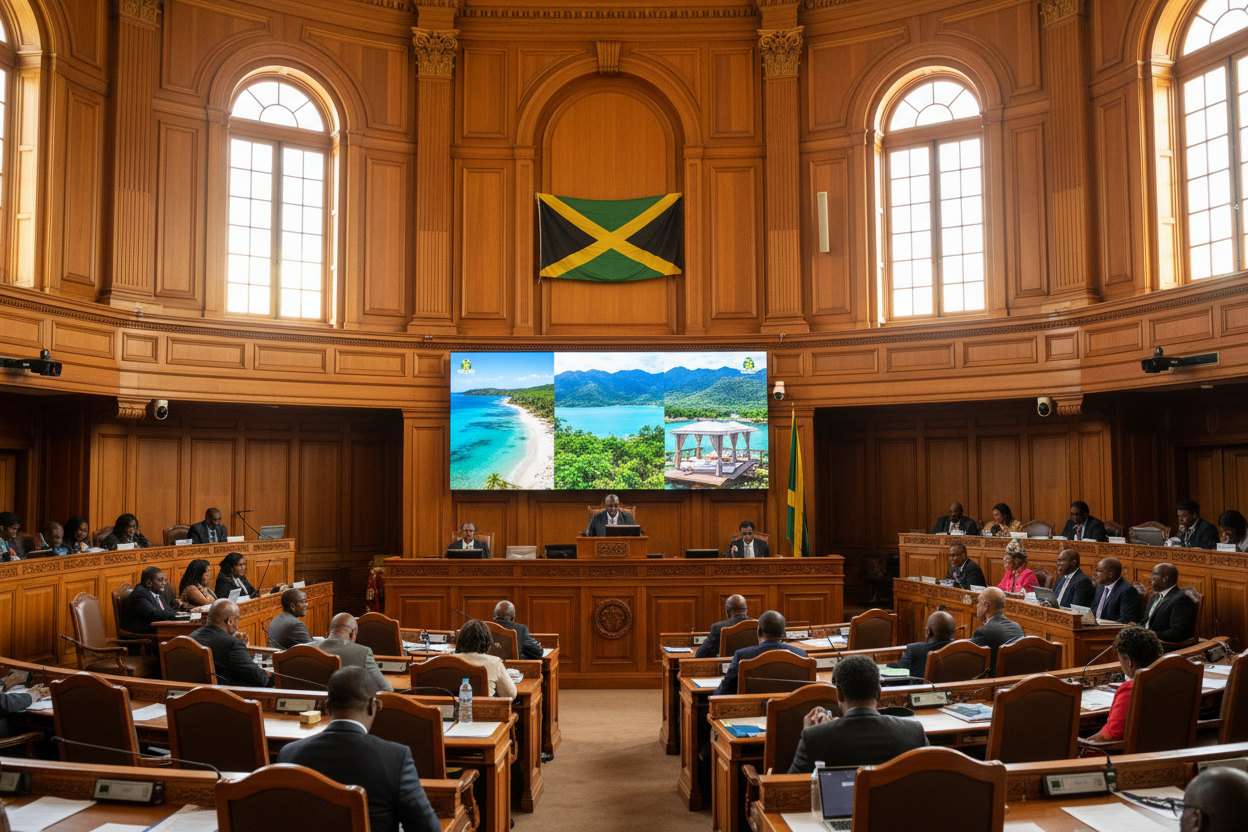 Jamaican parliamentarians deliberating on tourism legislation with the Jamaican flag prominently displayed and tourism scenes projected on a grand screen.