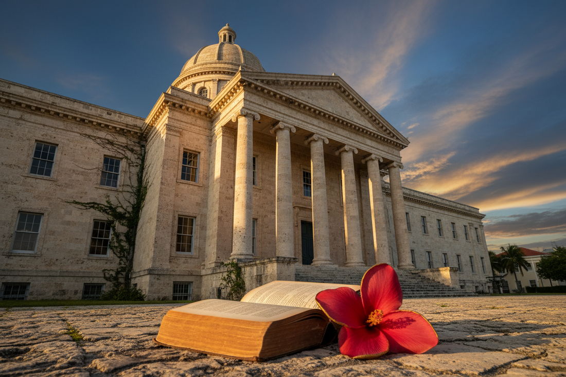 A majestic Caribbean courthouse bathed in golden light — an open law book and tropical flower on stone steps, the sky dramatic with deep blue and gold, symbolising justice, renewal and Caribbean self-determination.